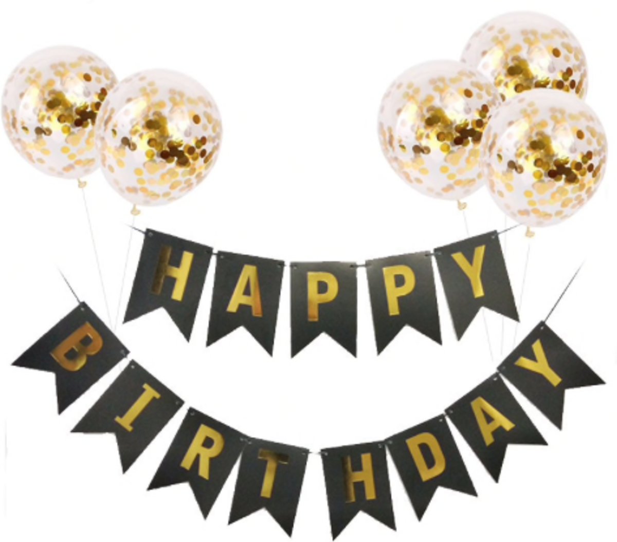 Happy Birthday slinger DELUXE met 5 confetti ballonnen | Verjaardag | Luxe uitvoering | Zwart & Goud | Verjaardagsfeest versiering & decoratie| Feestslinger | Feest |  kinderfeest | party ballon |  Sarah & abraham | 18, 21, 30, 40, 50 jaar